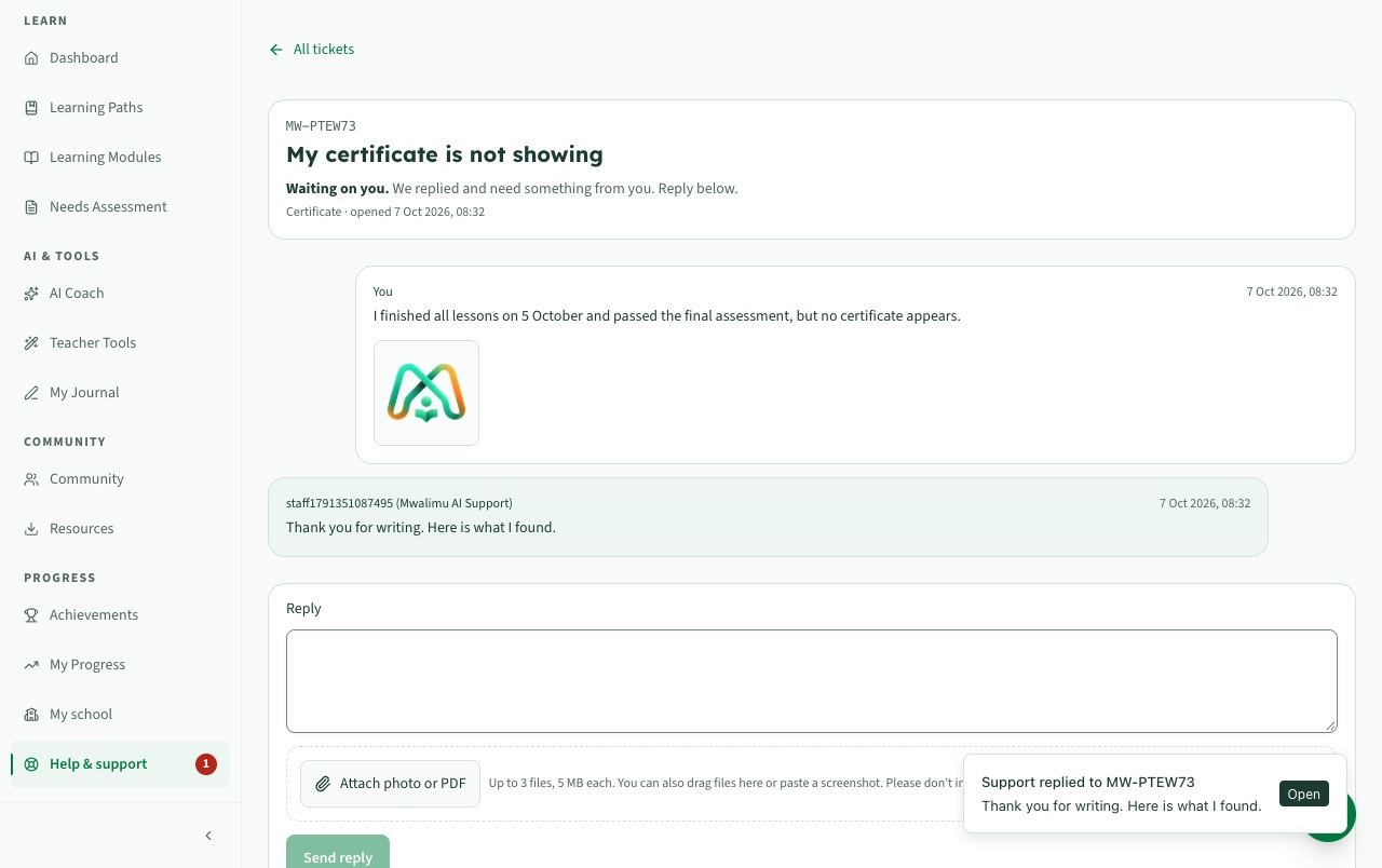 A ticket conversation with the team’s reply and the reply box