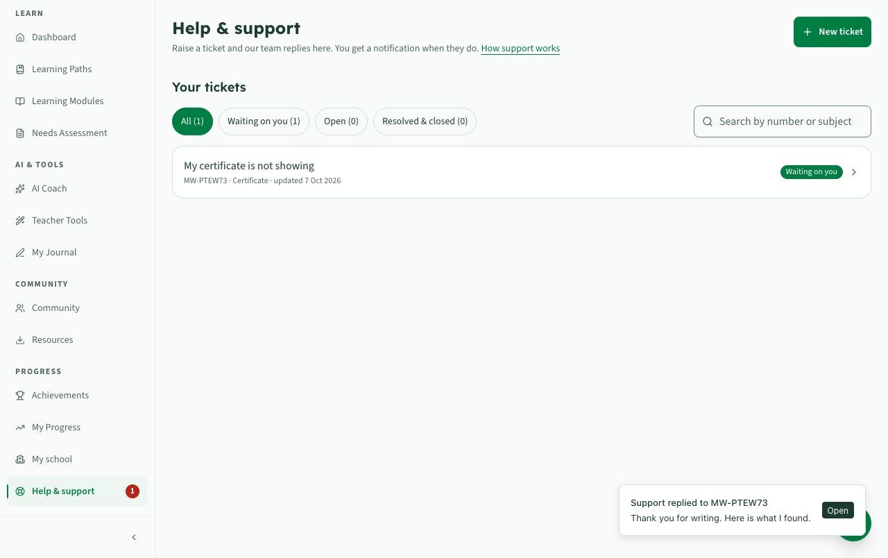 The list of tickets with filters, a search box and status labels